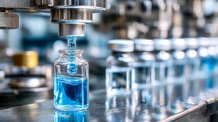 Pharmaceutical manufacturing process with blue liquid in a glass vial