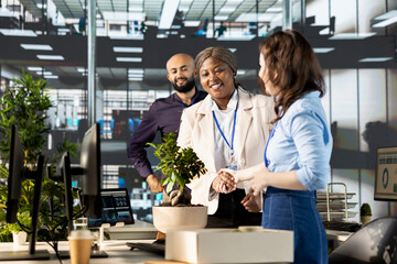 Diverse business people greeting their new colleague at the office, shaking hands when she enters the workspace. Friendly employees welcoming a woman to their team, new hire introduction.