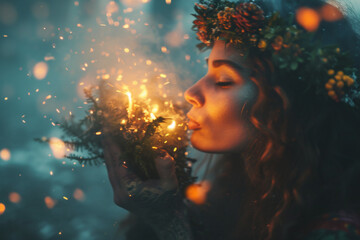 Woman with a flower crown blowing on glowing fire and embers for a magical ritual or spell. Dark fantasy and paganism concept for Halloween or Midsummer.