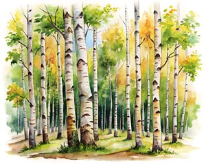 Watercolor painting of a serene birch tree forest, capturing the essence of natures beauty