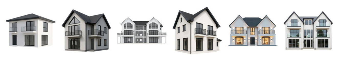 Modern house set including various architectural styles and contemporary designs isolated. Real estate and home building collection.