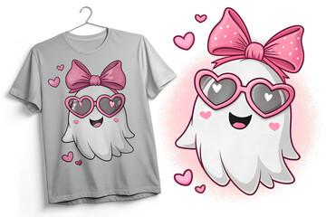 A cute sassy ghost girl t shirt design , hot pink bow, heart illustration, vector love art, PNG   