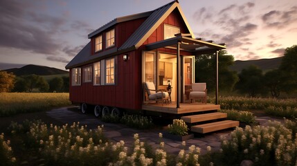 Charming red tiny house nestled in a serene wildflower meadow at dusk, bathed in soft light