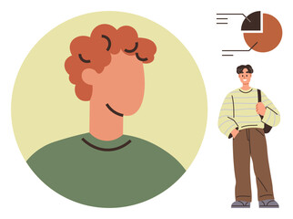 Minimalist headshot with curly hair, casual outfit. Full body view with shoulder bag, pie chart for data concept. Ideal for identity, diversity, statistics, education, design simplicity