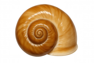 Close-up of a glossy spiral seashell with transparent background, revealing intricate whorls and delicate texture