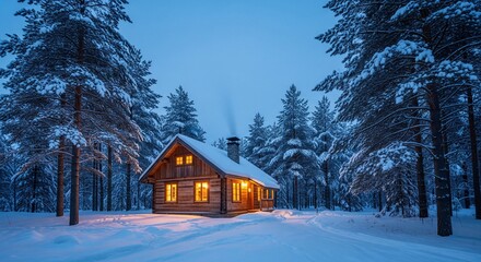 Cozy Log Cabin in Snowy Forest at Dusk.