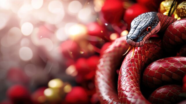 A close-up view of a coiled red snake wrapped around red and gold objects.