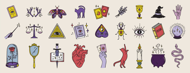 Boho witchy elements set heart, moths and spellbook, all seeing eye and goblet, candle and beetle, snake and rose, astrology symbols hand drawn