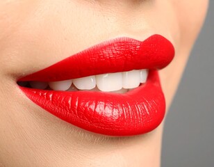 Obraz premium Close-up of woman's lips with vibrant red lipstick