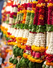 Colorful flower garlands hanging in a market