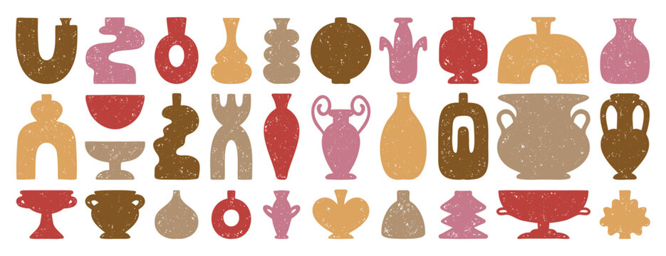 Girly pastel cute pink vases and amphorae textured boho ceramic vases trendy minimalist style. pottery icons creative trendy forms