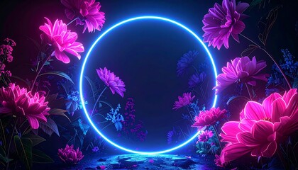 Vibrant floral arrangement with glowing neon ring in a dark, mysterious garden setting. Pink and blue hues dominate