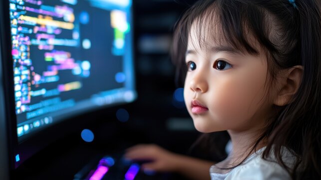 A focused young child engages with programming code on a brightly lit computer screen, symbolizing early technological learning and the development of digital literacy skills in a modern world