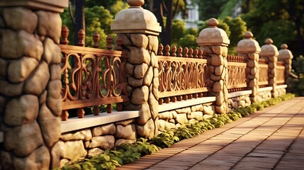 Charming stone fence with intricate wood details enhancing garden pathway ambiance