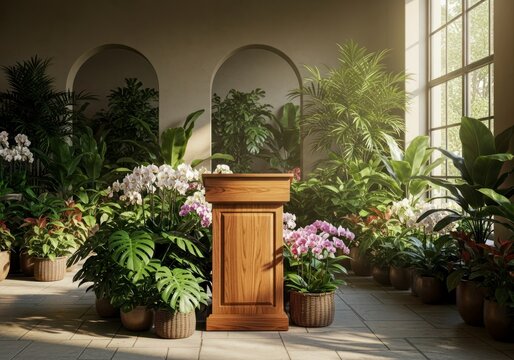 Elegant Wooden Podium in a Sunlit Room Filled with Lush Plants.