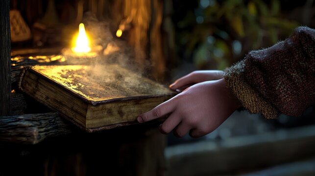 Ancient hands carefully hold an illuminated, mystical book radiating a warm, mysterious light, hinting at hidden knowledge and untold stories of the past