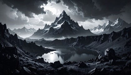 A breathtaking monochromatic panorama of a formidable mountain landscape, its peaks piercing a dark, cloudy sky above a tranquil lake
