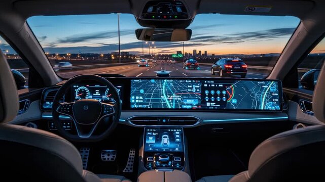 Driverless car navigates busy highway in evening traffic using advanced autopilot technology with city skyline in the background
