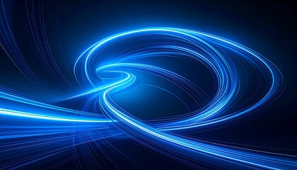 Dynamic flow of swirling blue neon light trails representing futuristic technology and high-speed data transfer on a dark background