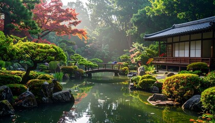 Serene Japanese garden scene features a pond, bridge, traditional building, lush greenery, and colorful foliage with soft sunlight