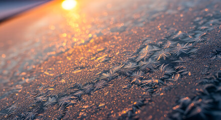 Macro close-up of frosty ice crystals on a window with warm golden sunbeams illuminating the delicate ice patterns, creating a magical winter atmosphere.