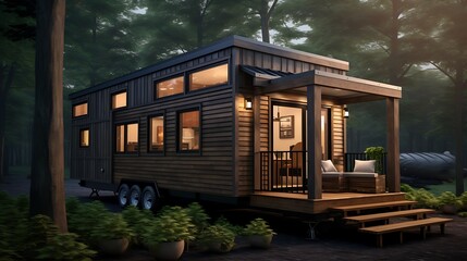 Charming tiny house retreat nestled in a serene forest setting with warm interior lights