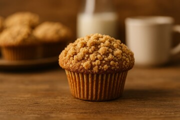 Delicious muffin with crumbly topping on wooden table. Perfect for breakfast.