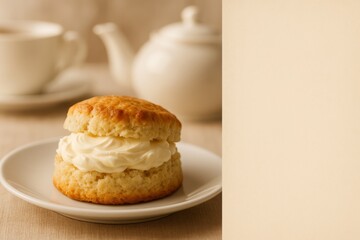 Delicious cream scone on a white plate ready for tea. Perfect sweet treat for afternoon tea.