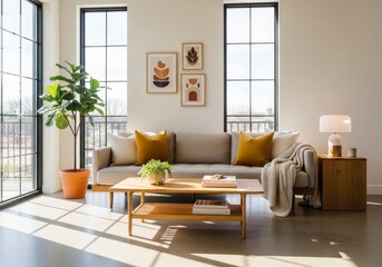 Modern living room interior design with natural light.