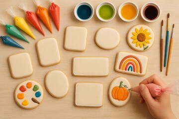 Decorating artful cookies with colorful icing for creative designs. Homemade treats for festive occasions.
