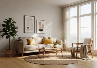 Modern living room interior design with beige sofa and natural light.