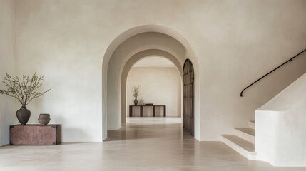 Minimalist white hallway with archways and staircase