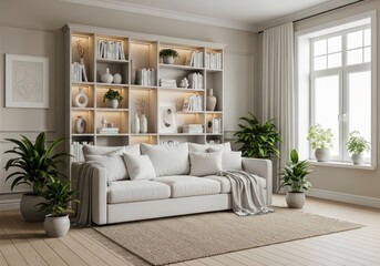Cozy Living Room Interior with Bookshelf and Natural Light.
