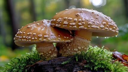 Fototapeta premium Blusher mushrooms on mossy tree trunk