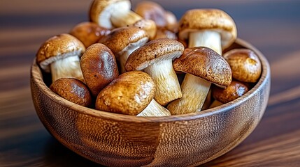 Fresh mushrooms in wooden bowl