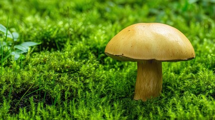 Mushroom on moss in lush forest close up