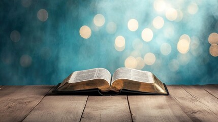 Open book on table with bokeh background