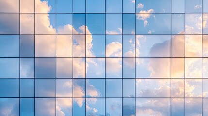 Glass building facade reflecting cloudy sunset sky