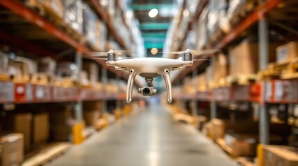 Fototapeta premium Drone flying smoothly within a warehouse aisle scanning inventory from above with stocked shelves out of focus to emphasize the drones dynamic motion.