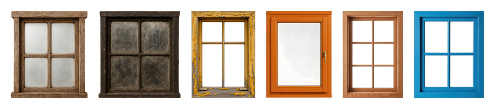 Window frames set including weathered, peeling, modern, and natural wood styles isolated. Architectural elements for design and renovation.