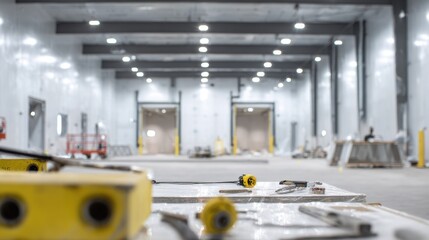 Medium shot capturing insulated wall segments fitted into an industrial facility with foreground tools in focus emphasizing flexible cold storage scaling.