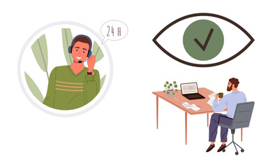 Customer service agent with headset, clock sign, and office worker at desk with laptop. Eye with checkmark signifies security. Ideal for customer service, remote work, time, trust, security