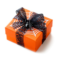Halloween gift box with spider web bow, white background