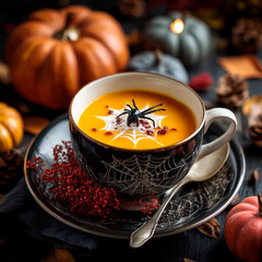 Cup of pumpkin soup with Halloween garnish