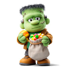 Cute Frankenstein with candy bag, Halloween illustration, white background