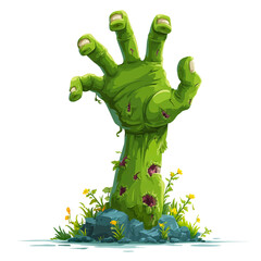 Cartoon zombie hand rising from the ground, Halloween illustration, white background