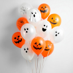 Halloween balloons with ghost and pumpkin prints, white background
