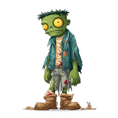 Zombie cartoon with torn clothes, Halloween illustration, white background