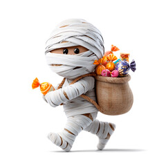 Cute mummy carrying candies, Halloween illustration, white background
