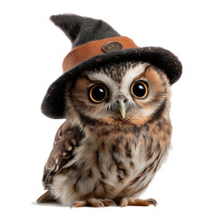 Cute owl wearing witch hat, Halloween illustration, white background